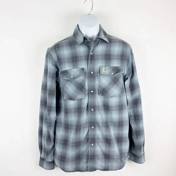 Carhartt Men's Relaxed Fit Plaid Long Sleeve Grey Blue Heavyweight Shirt Small - Picture 7 of 16